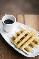 Fototapeta na wymiar churros con chocolate traditional spanish sweet breakfast set