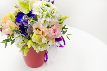 Spring flowers in red cup with on white background.