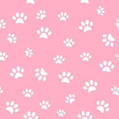 Vector seamless pattern and background with icons footprint to cat and dog - abstract background for pet shop websites and prints. Light marks on a pink background.