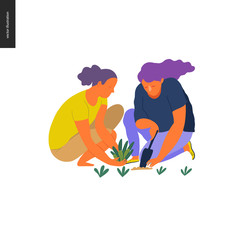 People summer gardening - flat vector concept illustration of two young women sitting on the ground in the squatting position planting a plant into the soil with a scoop, self-sufficiency concept