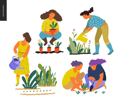 People summer gardening - set of vector flat hand drawn illustrations of people doing garden job - watering, planting, growing and transplant sprouts, self-sufficiency concept