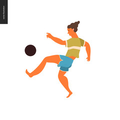 People park festival picnic - flat vector concept illustration of a young brunette man wearing olive coloured t-shirt and marine blue shorts playing with a black football on the ground. Bare feet