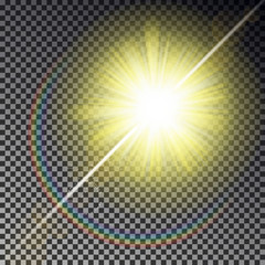 Sun ray light isolated on checkered background. Transparent glow yellow sunlight sky effect. Realist