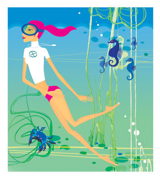 Zodiac sports lady. Cancer. A girl in a scuba mask engaged in diving among sea horses, algae and crabs.