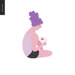 People park festival picnic -flat vector concept illustration of a young woman with tall purple hairstyle wearing tank top and shorts, sitting on the ground and eating food with fork from the plate