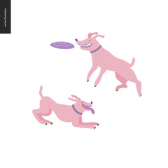 Dog in the park - flat vector concept illustration of two dogs with collars. One is jumping in the air trying to catch a flying disc. Another is playing with his tongue out.