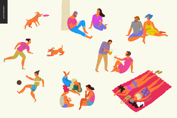 People park festival picnic - flat vector concept illustration of a group of people relaxing in the park - having picnic, getting tan, playing soccer, reading, playing with a dog, talking in a company