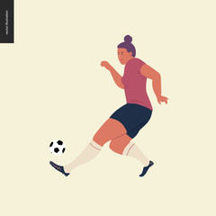 Fototapeta na wymiar Womens European football, soccer player - flat vector illustration of a young woman wearing european football player equipment kicking a soccer ball