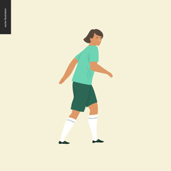 Fototapeta na wymiar Womens European football, soccer player - flat vector illustration of a walking young woman wearing european football player equipment