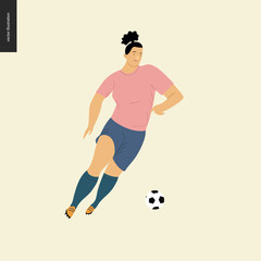 Womens European football, soccer player - flat vector illustration of a young woman wearing european football player equipment kicking a soccer ball