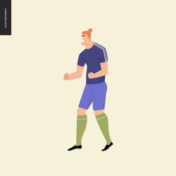 European football, soccer player - flat vector illustration of a soccer player winning a victory - a standing young man wearing the European football equipment clenching his fists in victory