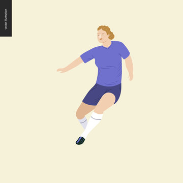 Womens European football, soccer player - flat vector illustration of a running young woman wearing european football player equipment