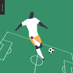 European football, soccer player - flat vector illustration of a young man wearing european football player equipment kicking a soccer ball on the background of green football field with white marking