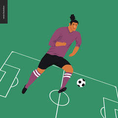 European football, soccer player - flat vector illustration of a young man wearing european football player equipment kicking a soccer ball on the background of green football field with white marking