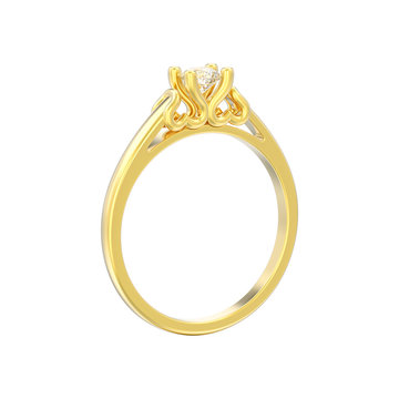3D illustration isolated yellow gold solitaire wedding diamond ring with heart prongs on a white background