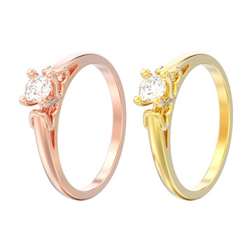 3D illustration isolated  two rose and yellow gold solitaire wedding diamond rings with heart prongs
