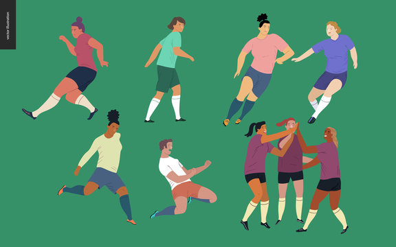 European football, soccer players set - flat vector illustration of a young women wearing european football player equipment kicking a soccer ball, running or standing on the green football field