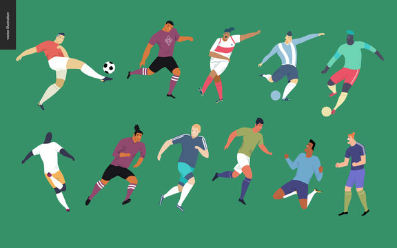 European football, soccer players set - flat vector illustration of a young men wearing european football player equipment kicking a soccer ball, running or standing on the green football field