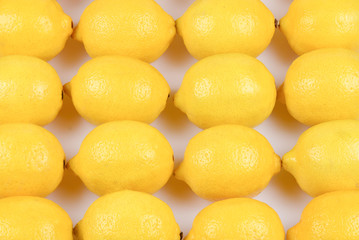 A lot of juicy colorful lemons in a row. Lemons background.