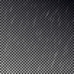 Dark raining sky isolated on checkered background. Transparent rain effect. Realistic storm pattern,