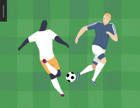 European football, soccer players - flat vector illustration of a young men wearing european football player equipment kicking a soccer ball on the background of green grass checked football field