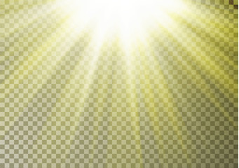 Sun ray light on top isolated on checkered background. Transparent glow yellow sunlight effect. Real