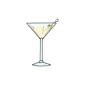 Dry Martini alcohol cocktail in glass with green olive. Vector illustration isolated on white background. Classic cocktail. Hand sketched composition made for menu design, bar, restaurant, print.