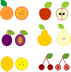 Set of different ripe fruits in simple cartoon style isolated on white background. Fruit in section