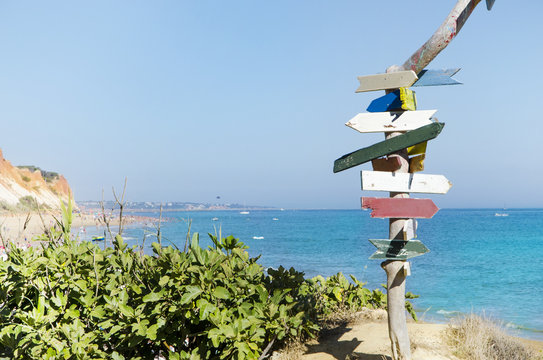 Signpost At Falesia Beach In Portugal