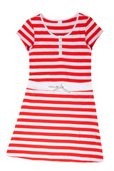 Fashionable summer clothes isolated on a white background. Red white striped summer dress. Summer fashion.
