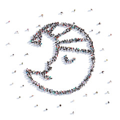 A lot of people form sleeping moon, hand drawing . 3d rendering.