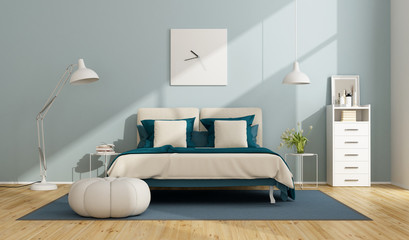 Blue and white master bedroom - obrazy, fototapety, plakaty