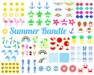 Big summer bundle with design elements. Turtle, Sun, seahorse, mermaid tail, rainbow, flamingo, watermelon, pineapple, dolphin, anchor, strawberry, crab, palm, donut, shells. Vector