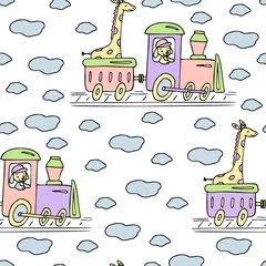 Wallpaper murals Animals in transport seamless pattern with train, giraffe and dog.