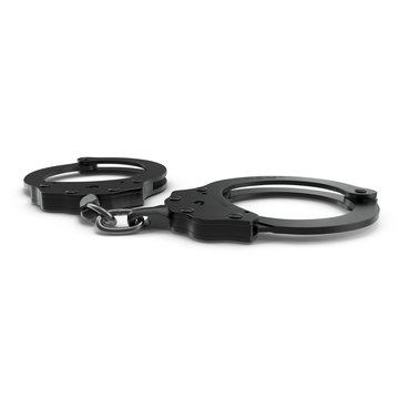 Handcuffs Short Chain Black Metal on white. 3D illustration