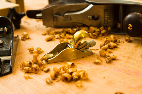 Wood shavings and woodworking tools, guitar building