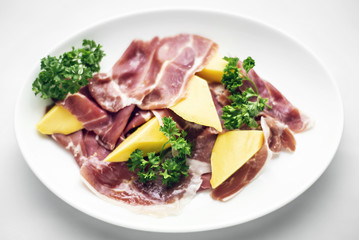 jamon serrano parma prosciutto style smoked ham with mango fruit