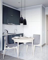 Крошечная кухня и обеденная зона в квартире-студии 28м^2