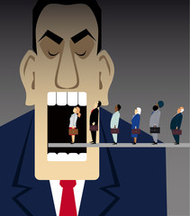 Line of business people moving inside a huge mechanical mouth representing an inhuman corporate world, EPS 8 vector illustration