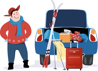 Man standing at a car with open trunk packed for a ski trip, EPS 8 vector illustration