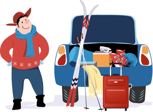 Man Standing At A Car With Open Trunk Packed For A Ski Trip, EPS 8 Vector Illustration