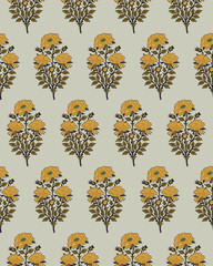 Woodblock printed seamless ethnic floral all over pattern. Traditional oriental motif of India with bouquets of yellow roses on ecru background. Textile design. - 216191915