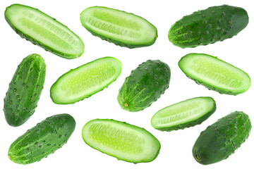 Cucumber slice collection on white