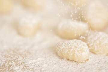 Fototapeta na wymiar Close up of raw potatoes italian gnocchi. Flour falling.
