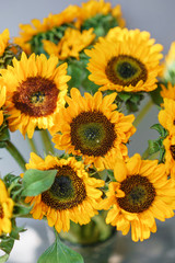 Obraz premium Bouquet of yellow sunflowers , flower in vase on old vintage table. Room morning. Gray background. Colors of autumn and mood fall