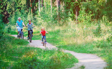 Fototapeta premium active senior grandmother with kids riding bikes in nature