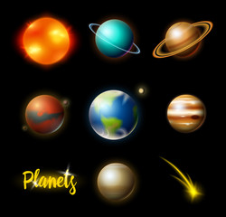 Planets in solar system. Astronomical galaxy. cosmonaut explore adventure. Space Mars and sun, earth and venus. banner or background for a web site.