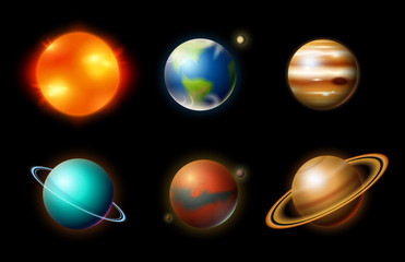 Planets in solar system. Astronomical galaxy. cosmonaut explore adventure. Space Mars and sun, earth and venus. banner or background for a web site.