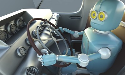 Retro Robot drave car. Autonomous transport and self-driving cars concept