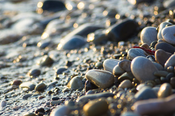 pebble stones on the sea beach, the rolling waves of the sea with foam